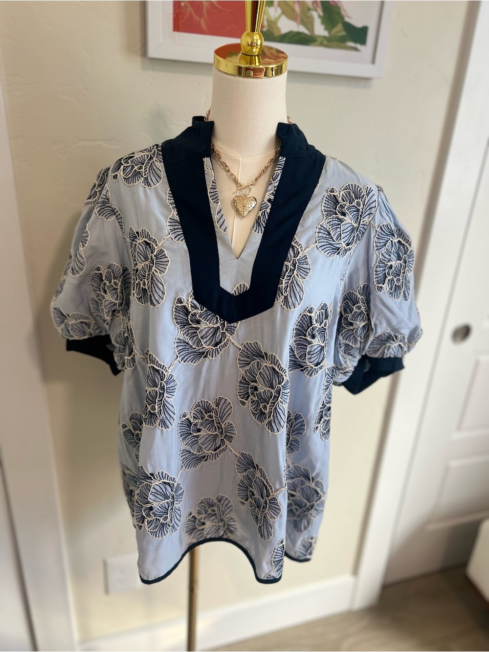 Light Blue Floral V-Neck Blouse with Navy Trim 🌷